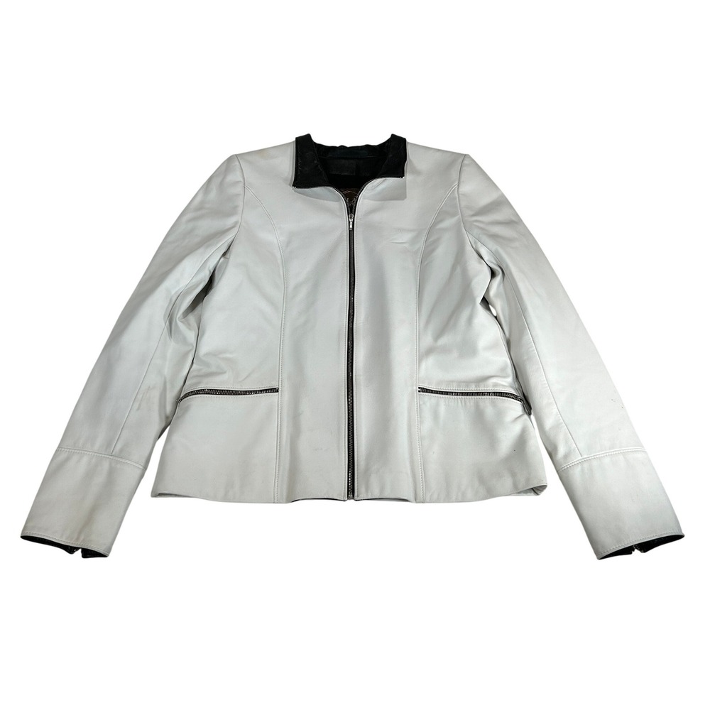Overland White Lambskin Leather Moto Jacket Womens 10 Black Trim Made in Canada
